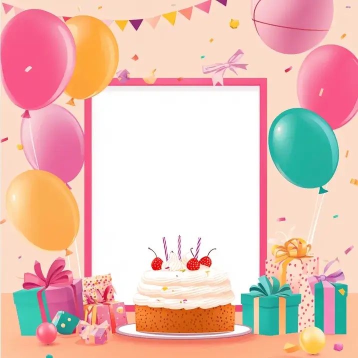 מסגרת לכתיבת ברכה עם מתנות, עוגה ובלונים